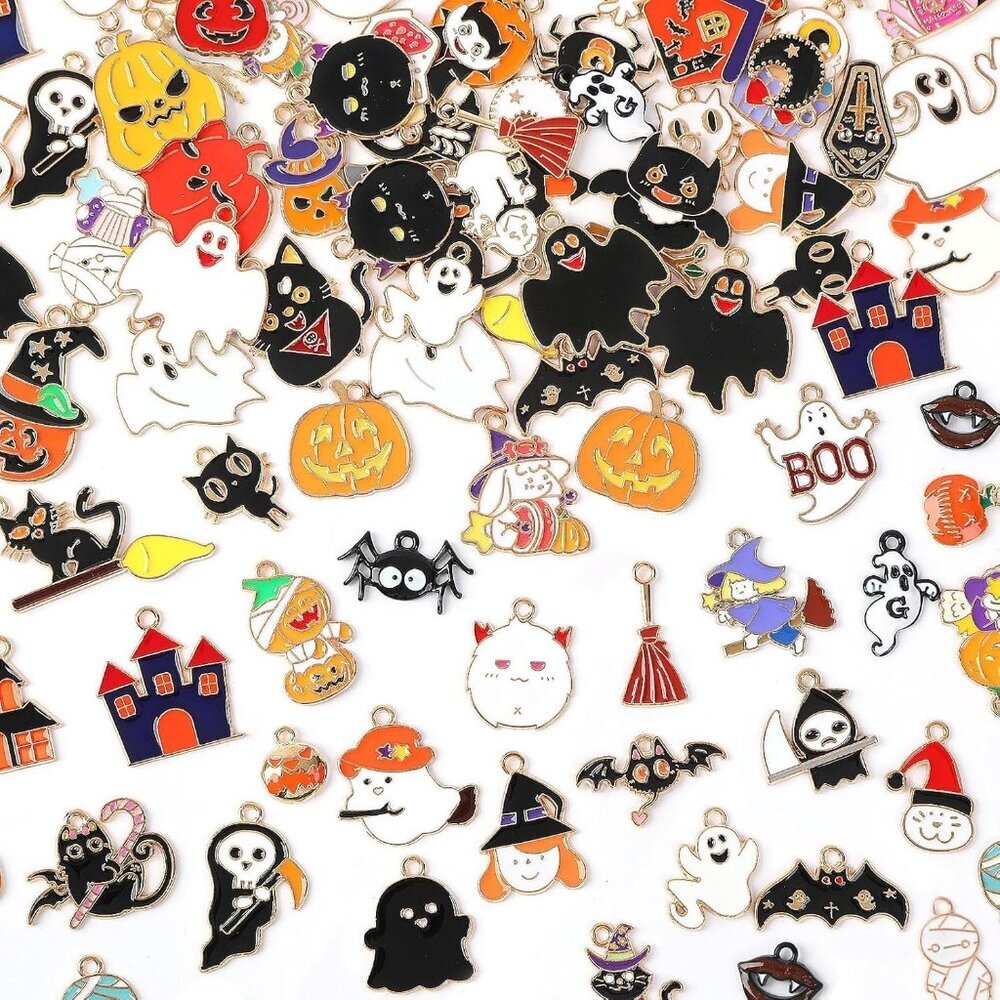 120 PCS Halloween Charms, Assorted Ghost Skeleton Bat Witch Pumpkin Skull Enamel